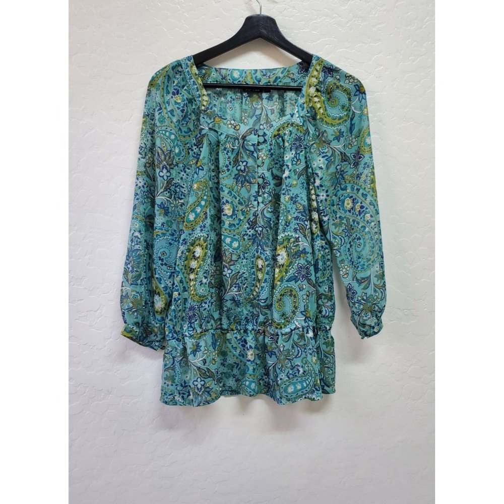 Apt 9 Womens Peplum Long Sleeve Sheer Top Sz M Blue Floral